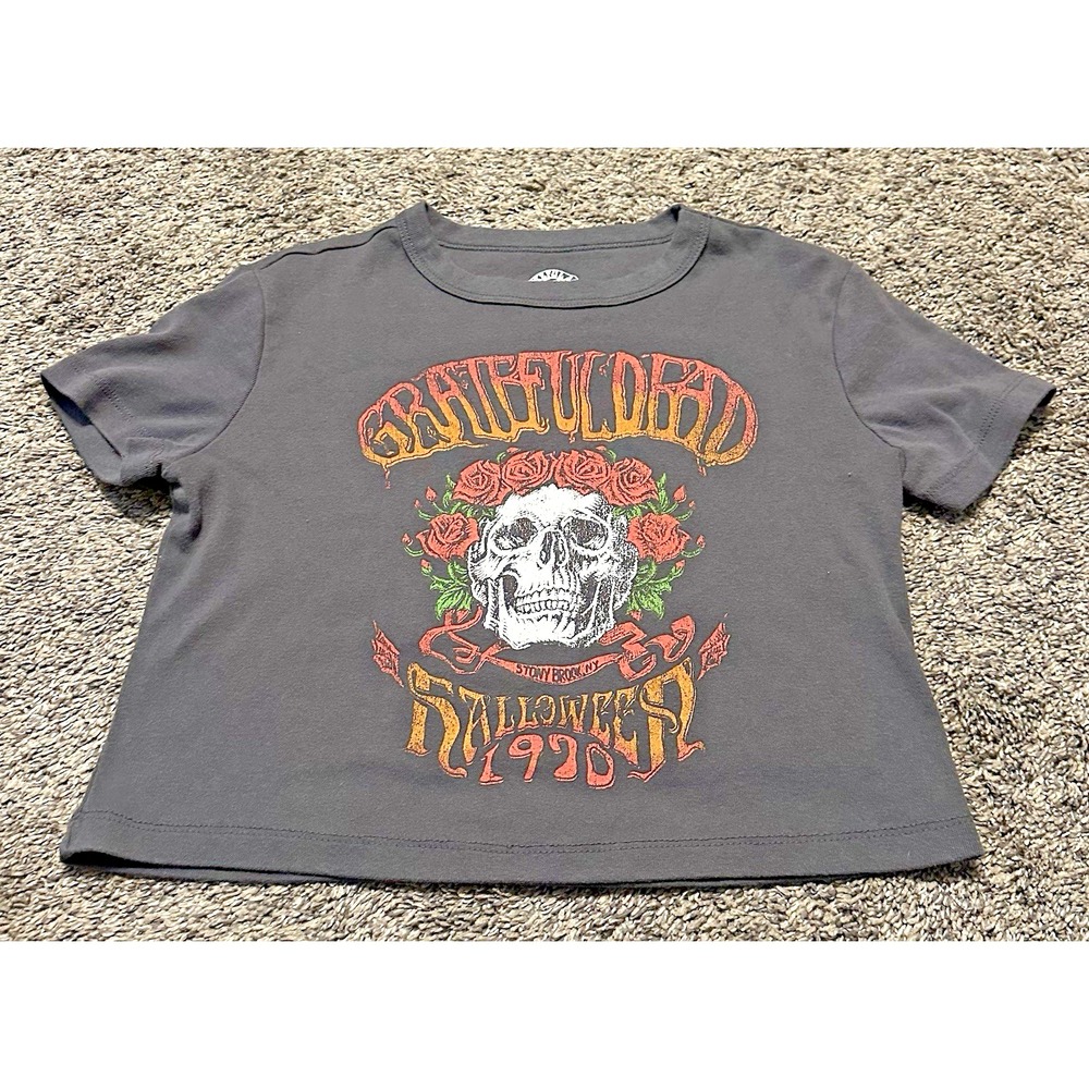 Grateful Dead Graphic T-Shirt Womens Small Black Halloween 1970 Skull Roses Crop
